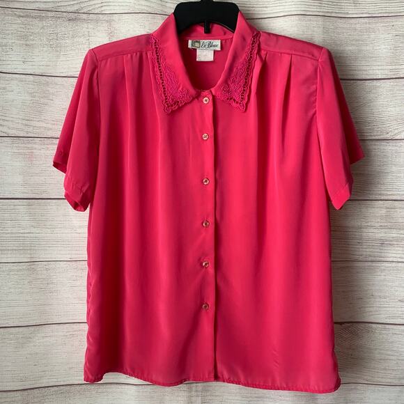 Vintage La Blouse Pink Silky Blouse Button Up Short Sleeves Shoulder Pads 12 - Picture 1 of 11